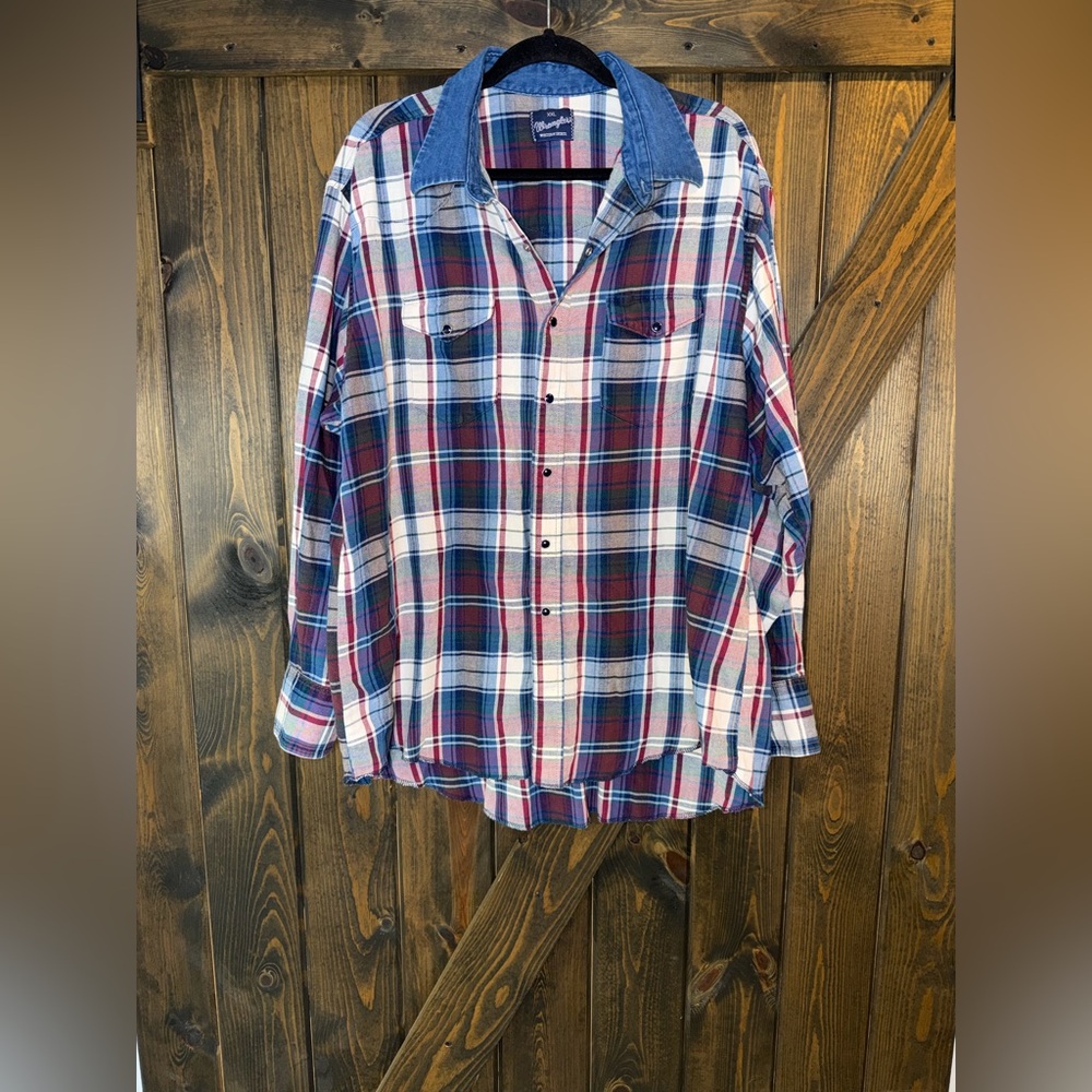 Wrangler Plaid Western Denim Pearl Snaps Shirt